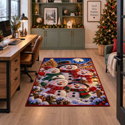 a happy snowman family in colorful scarves gathered beside a Christmas tree in a snowy village Christmas area rug, room view 7