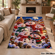 a happy snowman family in colorful scarves gathered beside a Christmas tree in a snowy village Christmas area rug, room view 8