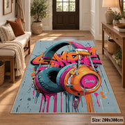 Colorful graffiti headphones area rug in an entryway