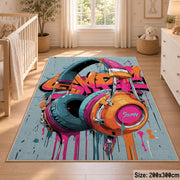 Colorful graffiti headphones area rug in a nursery