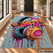 Colorful graffiti headphones area rug in a foyer