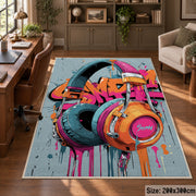 Colorful graffiti headphones area rug in a home office