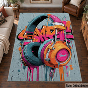 Colorful graffiti headphones area rug in a living room
