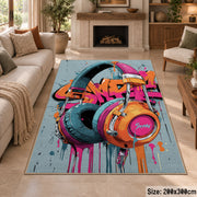 Colorful graffiti headphones area rug in a sitting room