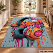 Colorful graffiti headphones area rug in a dining room