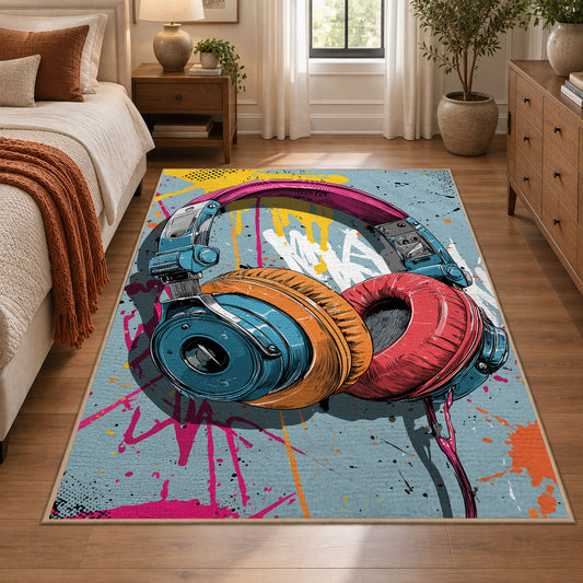 Paint-Splashed Headphones area rug displayed in a bedroom
