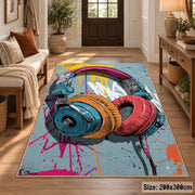 Paint-Splashed Headphones area rug displayed in a entryway