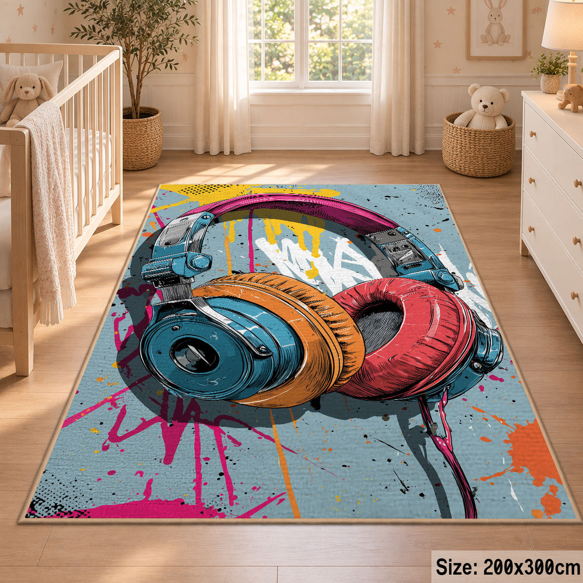 Paint-Splashed Headphones area rug displayed in a nursery