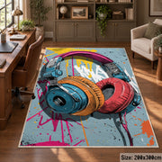 Paint-Splashed Headphones area rug displayed in a home office