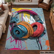 Paint-Splashed Headphones area rug displayed in a living room