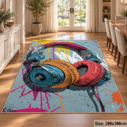 Paint-Splashed Headphones area rug displayed in a dining room