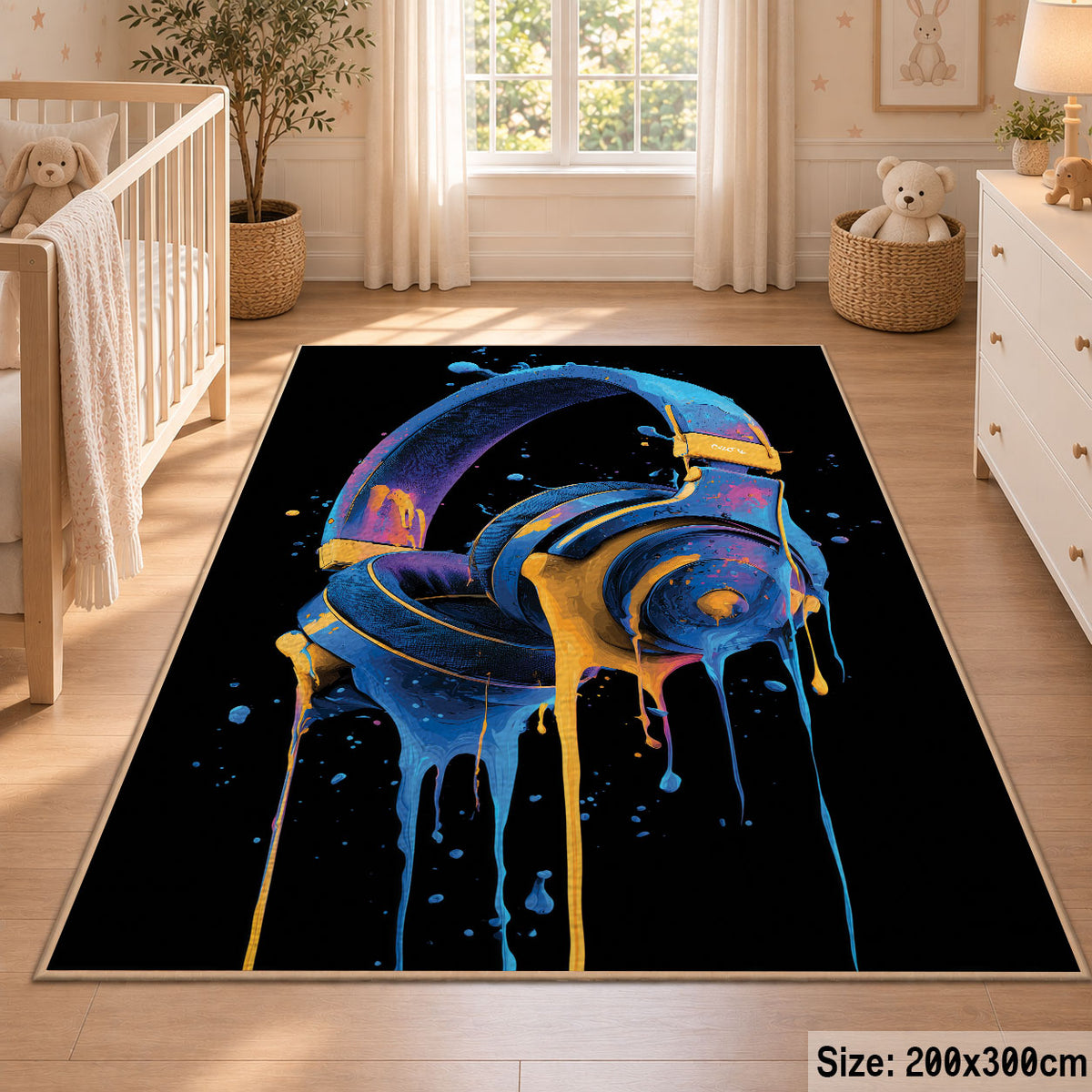 Neon Headphones area rug displayed in a nursery