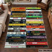 Vintage Cassette Grid area rug displayed in a living room