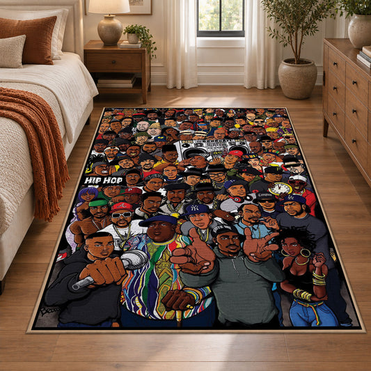 Hip Hop Crowd Collage area rug displayed in a bedroom