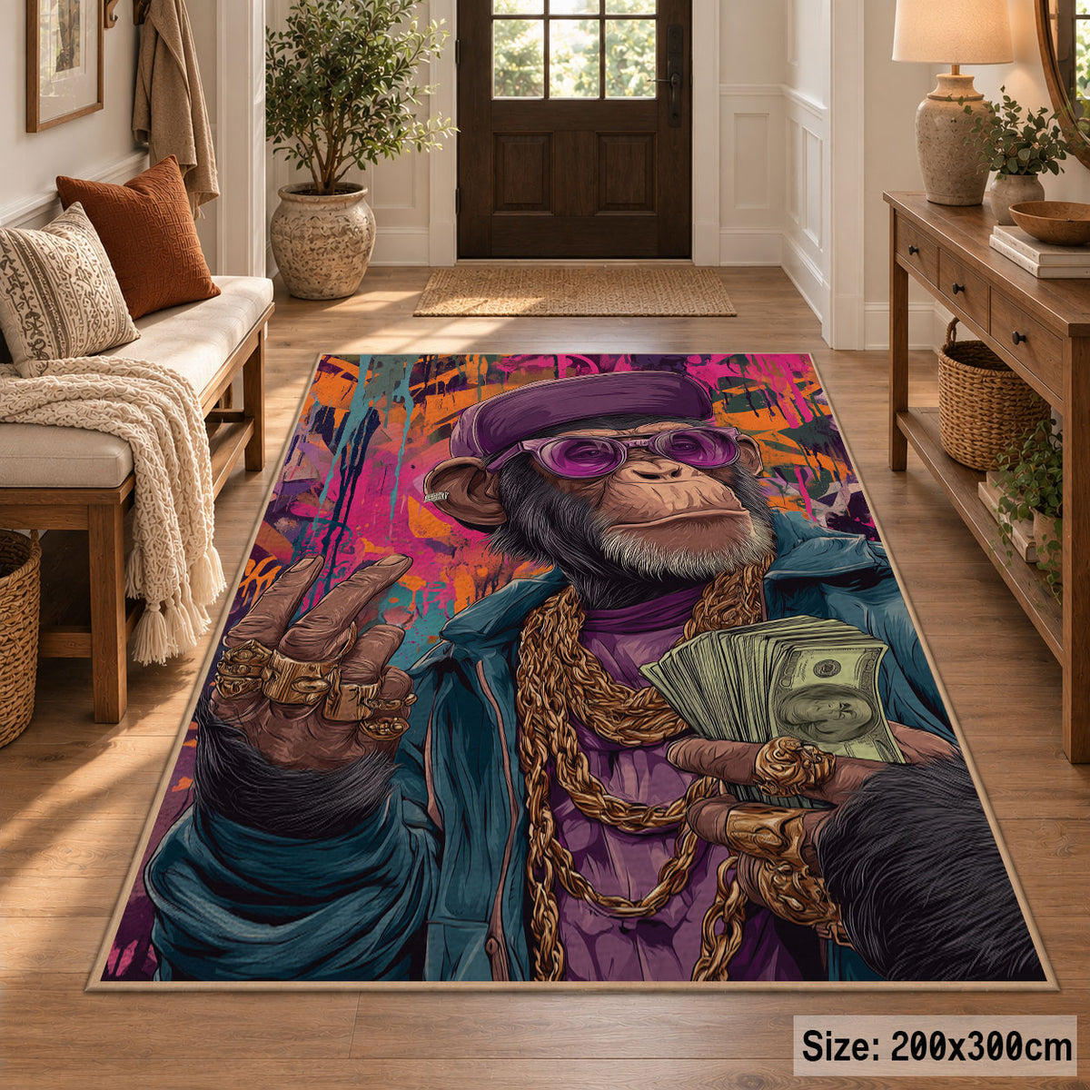 Cosmic Explorer Collage area rug displayed in a entryway