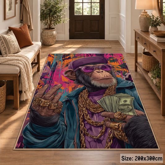 Cosmic Explorer Collage area rug displayed in a entryway