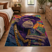Cosmic Portrait Collage area rug displayed in a bedroom