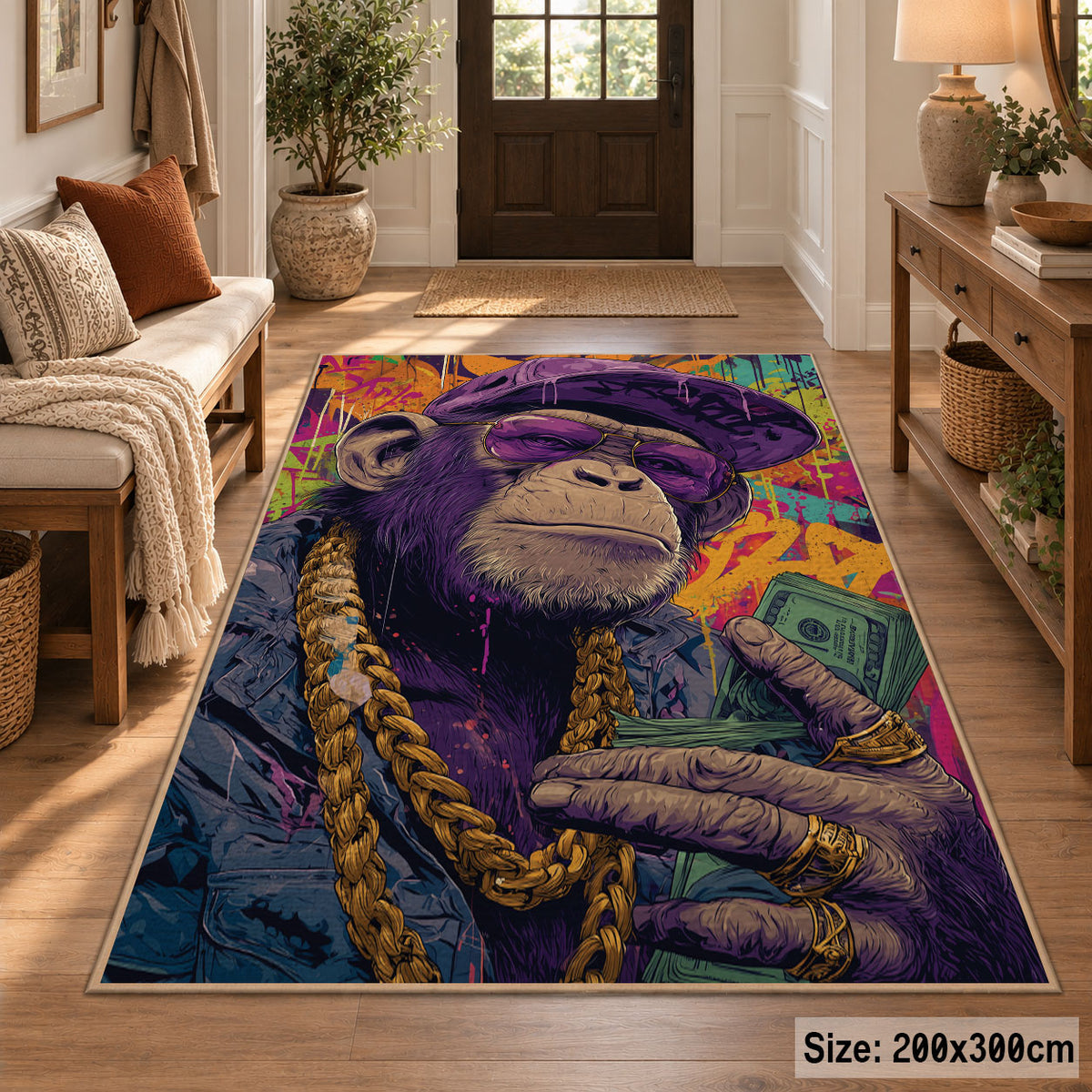 Cosmic Portrait Collage area rug displayed in a entryway