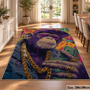 Cosmic Portrait Collage area rug displayed in a dining room