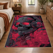 Red Skull Street Art area rug displayed in a bedroom