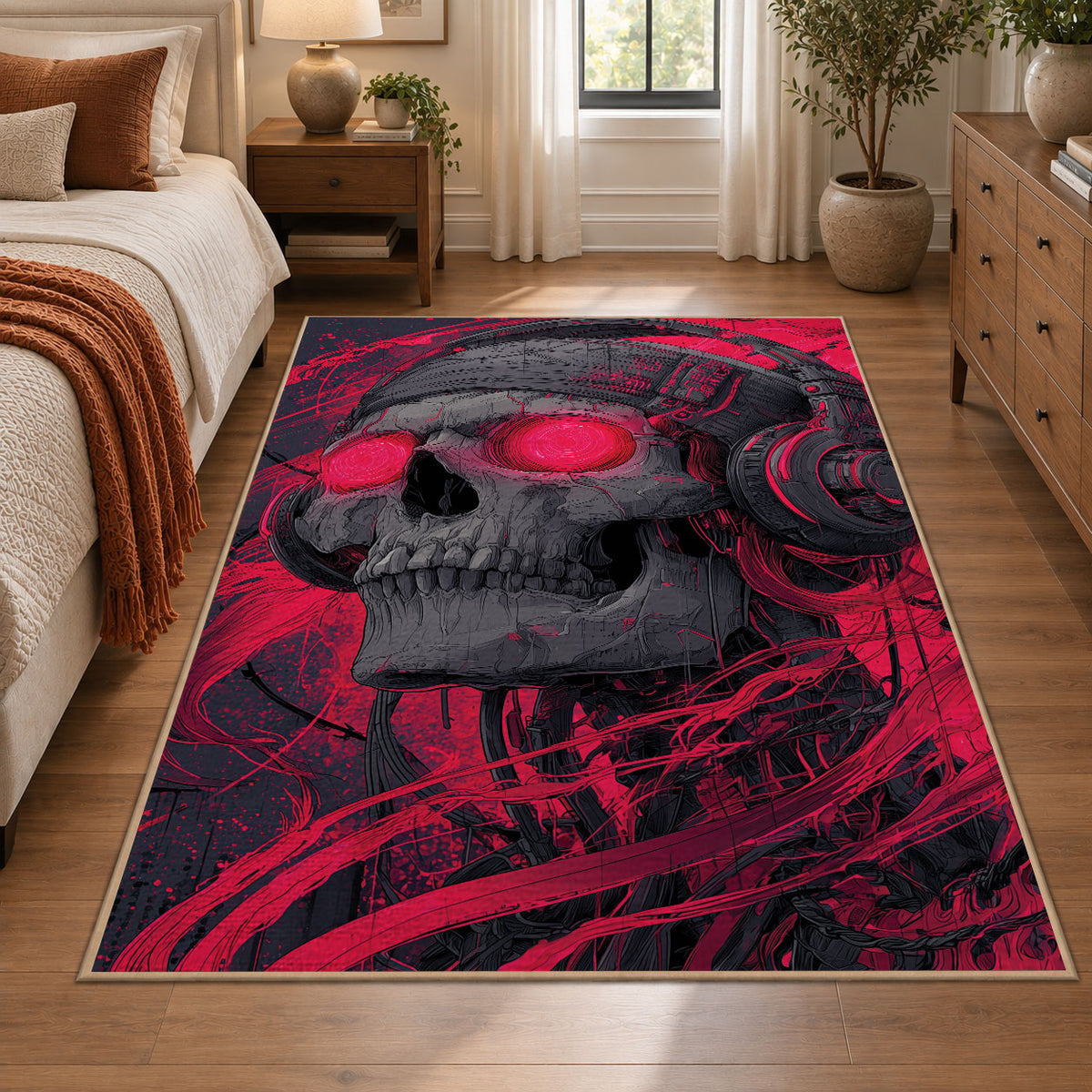 Skull Graffiti Portrait area rug displayed in a bedroom