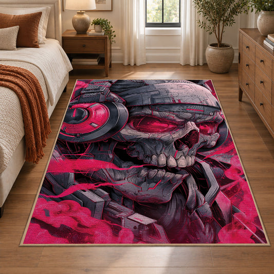 Bold Skull Street Art area rug displayed in a bedroom