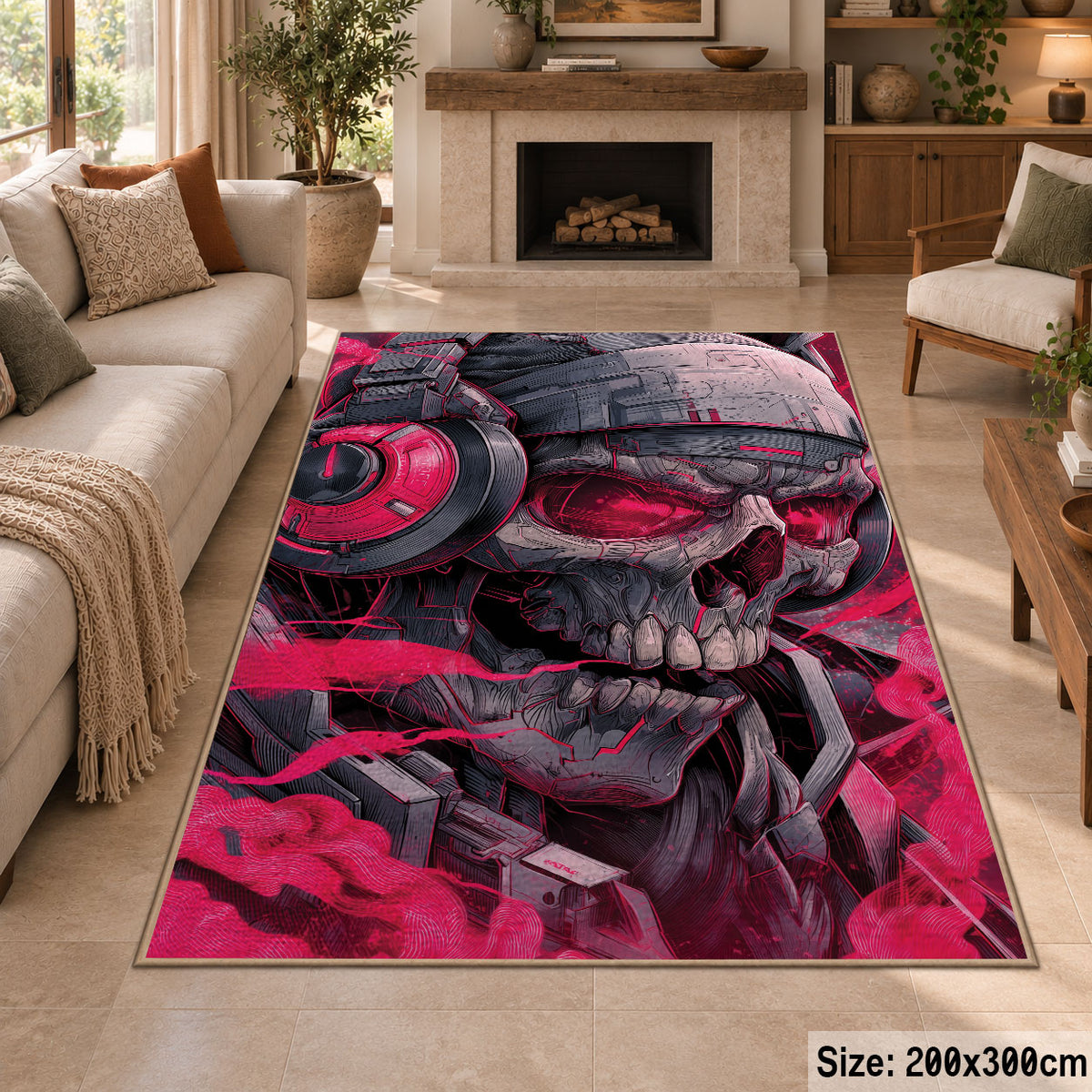 Bold Skull Street Art area rug displayed in a sitting room