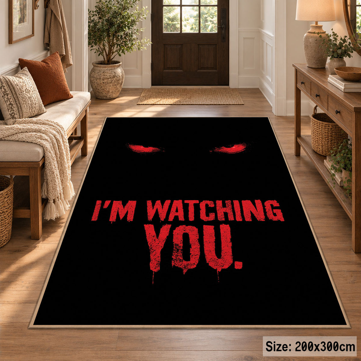 Watching Eyes Typography area rug displayed in a entryway