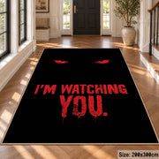 Watching Eyes Typography area rug displayed in a foyer