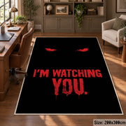Watching Eyes Typography area rug displayed in a home office