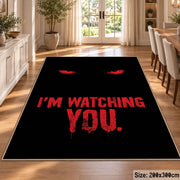 Watching Eyes Typography area rug displayed in a dining room