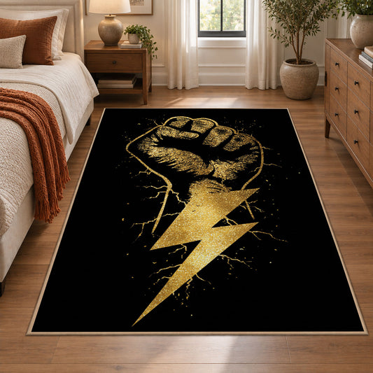 Golden Fist Lightning area rug displayed in a bedroom