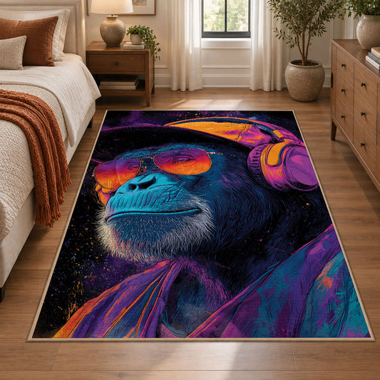 Vivid Gorilla Portrait area rug displayed in a bedroom