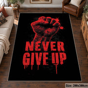 Never Give Up Graphic area rug displayed in a living room