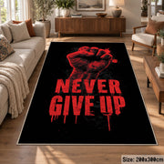 Never Give Up Graphic area rug displayed in a lounge