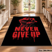 Never Give Up Graphic area rug displayed in a dining room