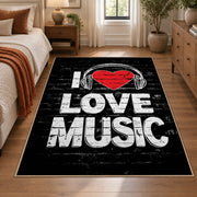 Love Music Typography area rug displayed in a bedroom