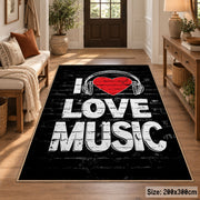 Love Music Typography area rug displayed in a entryway
