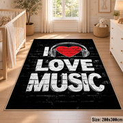 Love Music Typography area rug displayed in a nursery