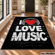 Love Music Typography area rug displayed in a foyer