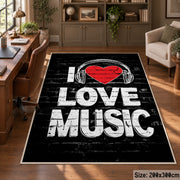 Love Music Typography area rug displayed in a home office