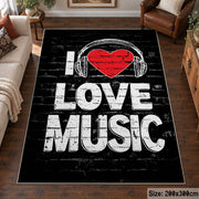 Love Music Typography area rug displayed in a living room