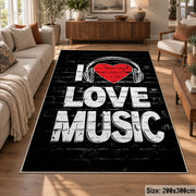 Love Music Typography area rug displayed in a lounge