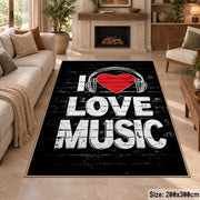 Love Music Typography area rug displayed in a sitting room