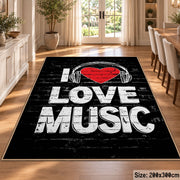 Love Music Typography area rug displayed in a dining room