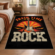 Rock Music Poster area rug displayed in a bedroom