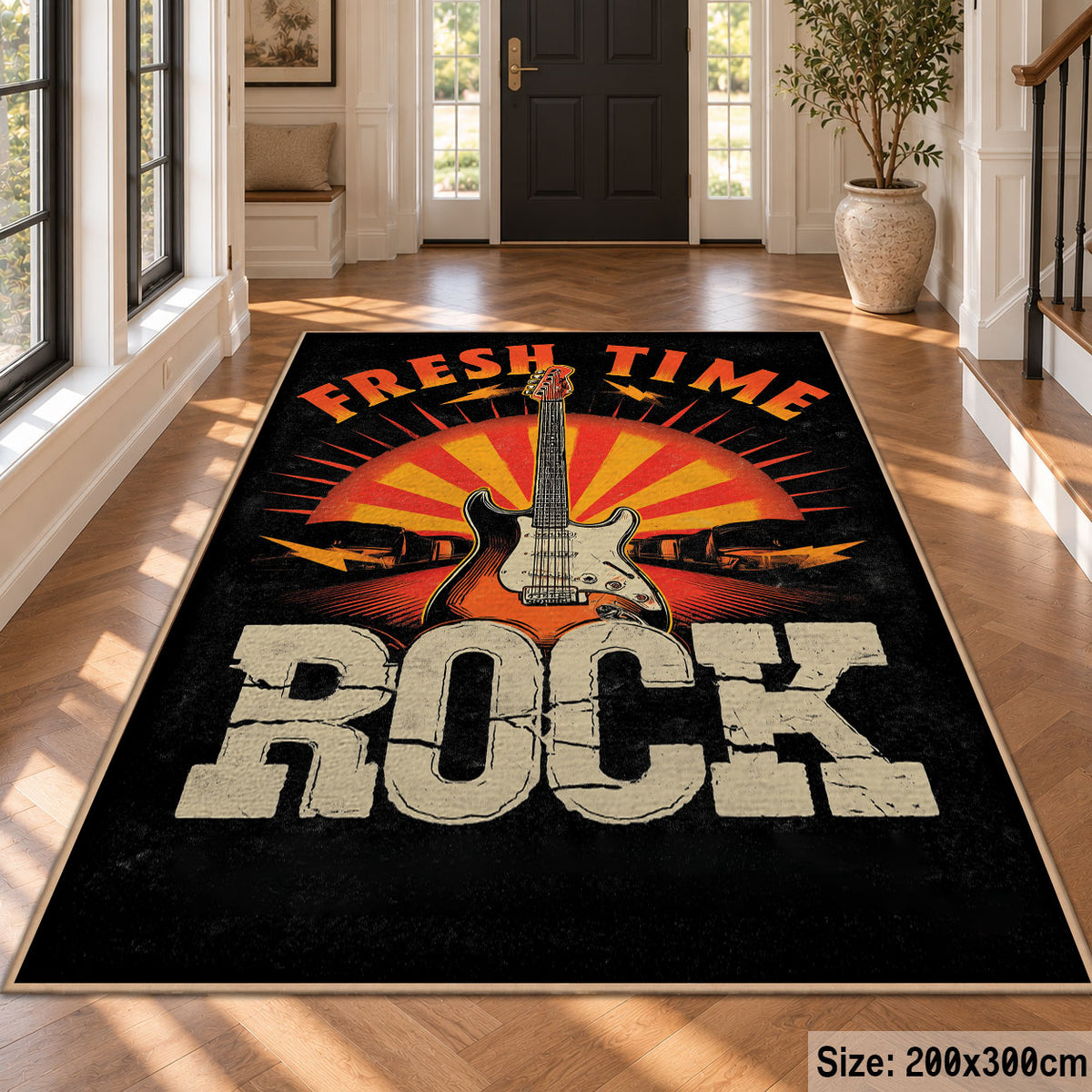 Rock Music Poster area rug displayed in a foyer
