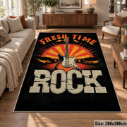 Rock Music Poster area rug displayed in a lounge