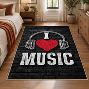 Music Headphones Typography area rug displayed in a bedroom