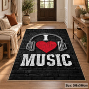 Music Headphones Typography area rug displayed in a entryway